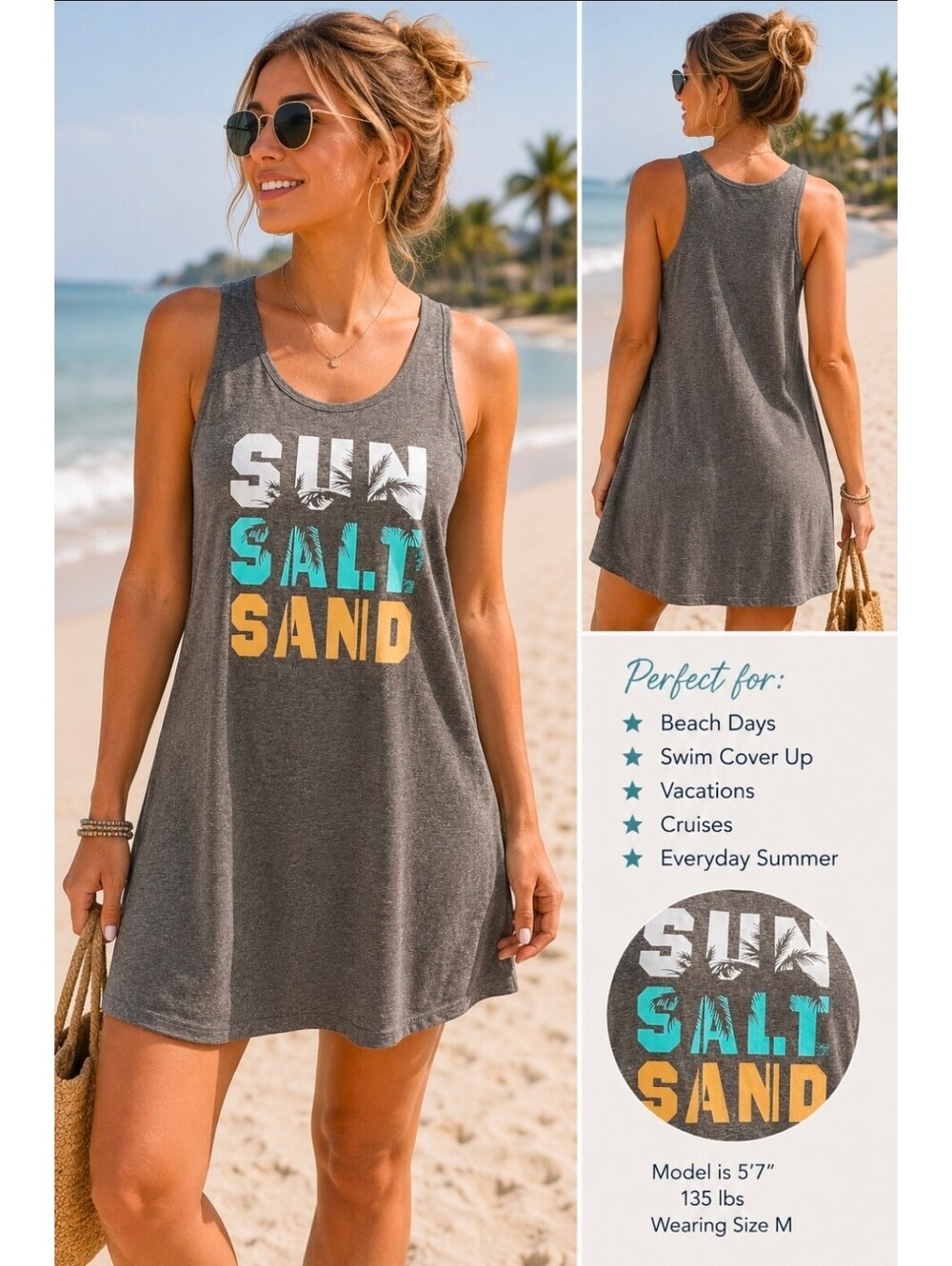 Women’s Sun Salt Sand Palm Tree Graphic Tank Dress Gray Size M Beach Cover Up